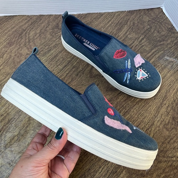Skechers Shoes - Skechers Double up denim platform embroidered sneakers Size 8